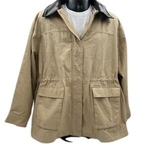 H&M Womens Utility Barn Jacket Beige Dusty Faux Leather Collar Plaid Lined XL